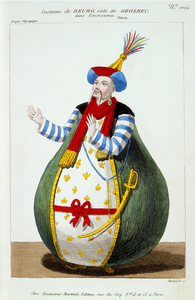 1796年に出版された「Le Petite Galerie Dramatique」から、ザゼジゾズでグロスベックの役を演じるシルクオリンピックのボーグの衣装 作： ピエールマレウブレ