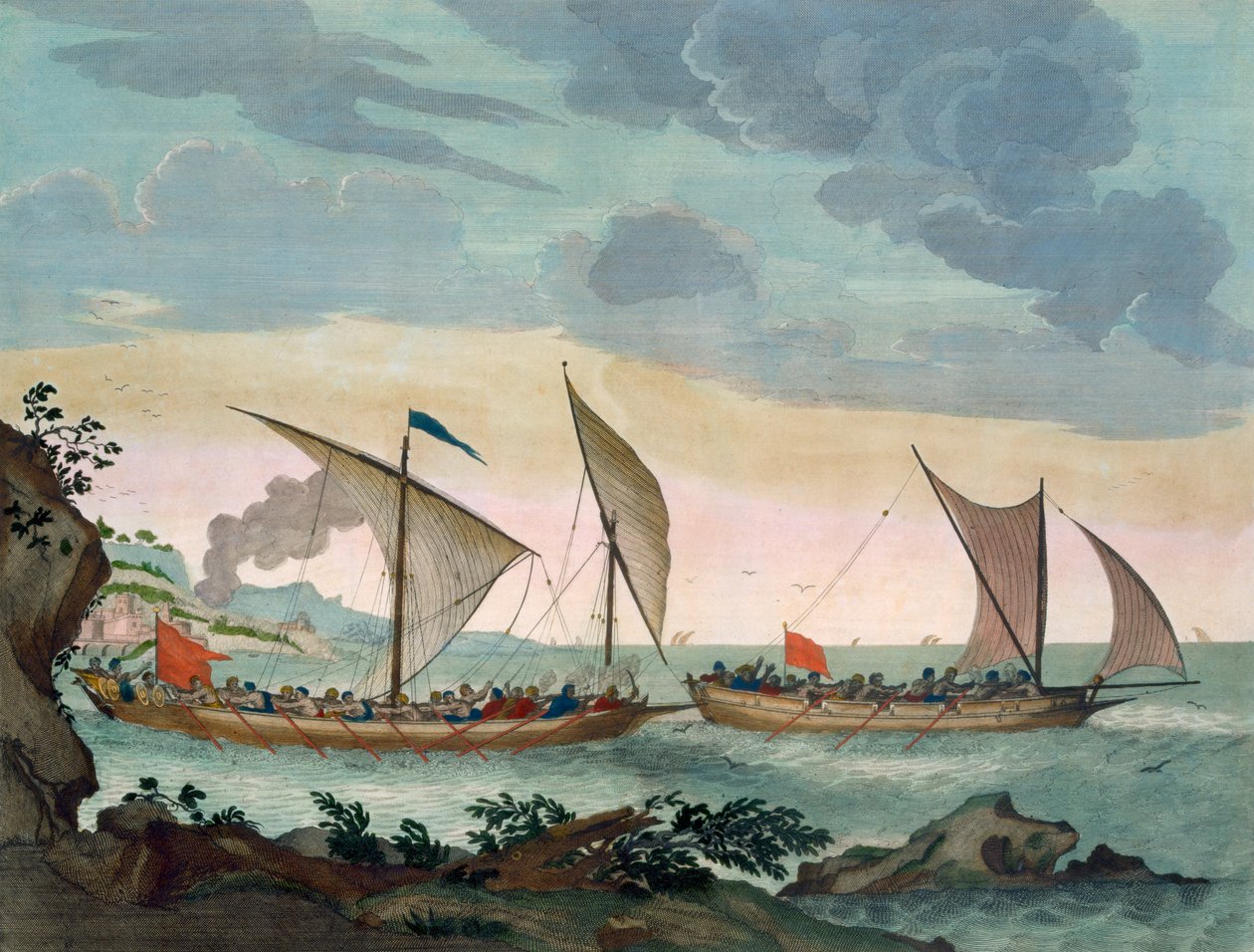 「ルナプチューンフランソワ」（1693年〜1700年頃）からフェルッカに追いかけ、搭乗しようとしているブリガンティン（手描きの彫刻） 作： ピエール・モルティエ