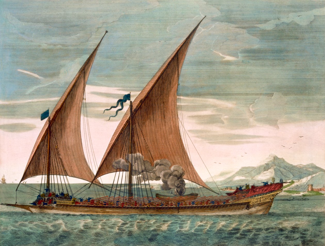 帆走中のギャレー、「ルナプチューンフランソワ」からの飛行隊司令官の飛行基準、c.1693-1700（手彩色の彫刻） 作： ピエール・モルティエ