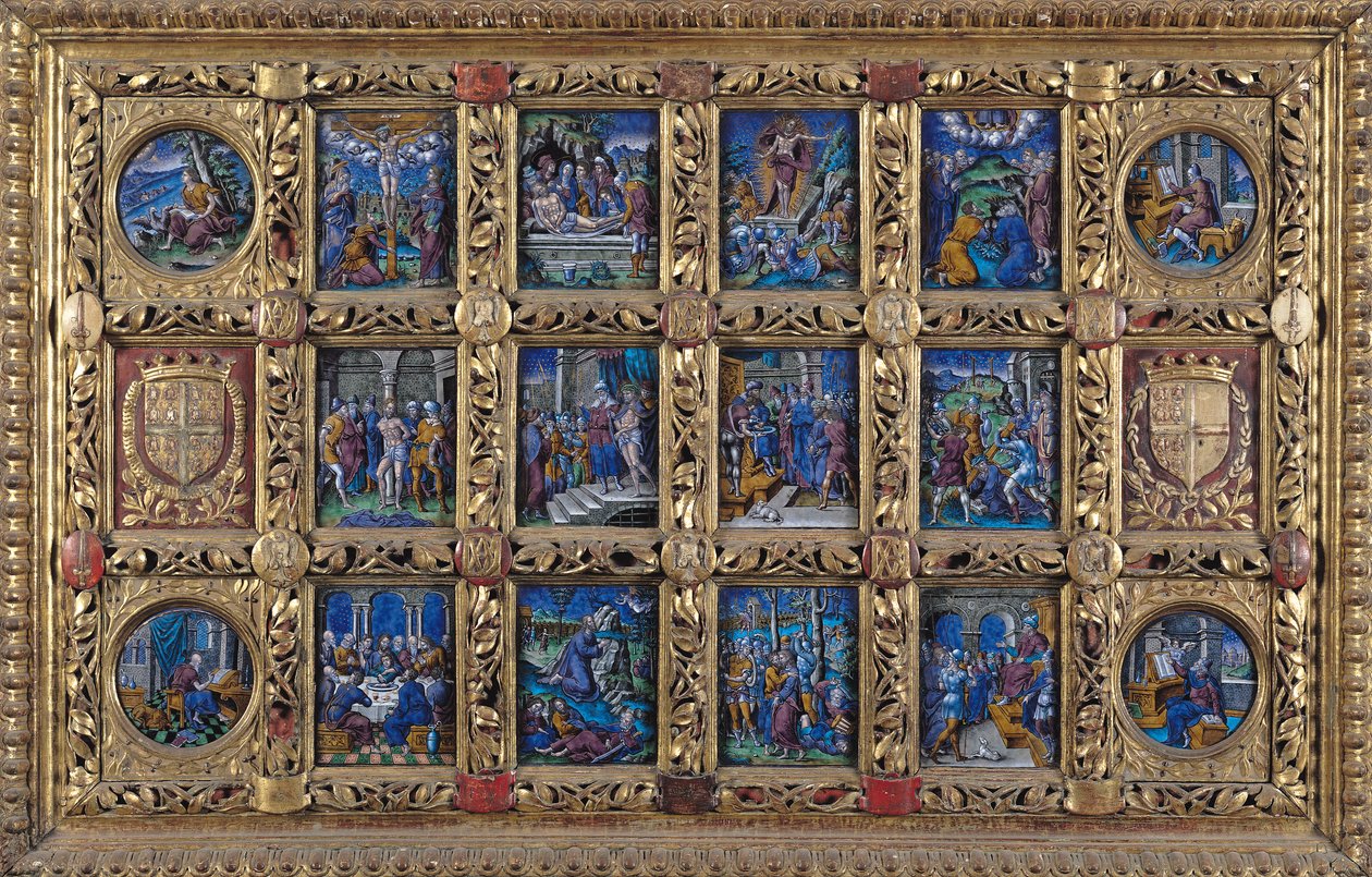アン・ド・モンモランシーの腕、リムーザン工房の金、エナメル塗装の情熱と伝道者のシーンを描いた祭壇画 作： ピエール・レイモンド