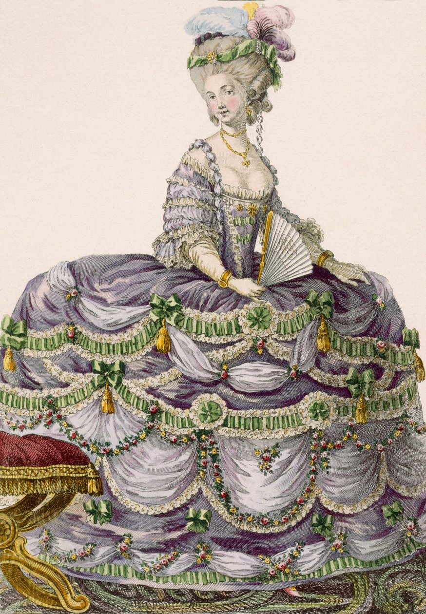 Dupinによって刻まれた公爵夫人のイブニングガウン、プレートno.161「Galeries des Modes et Costumes Francais」、1789年 作： ピエール・トーマス・ル・クラーク