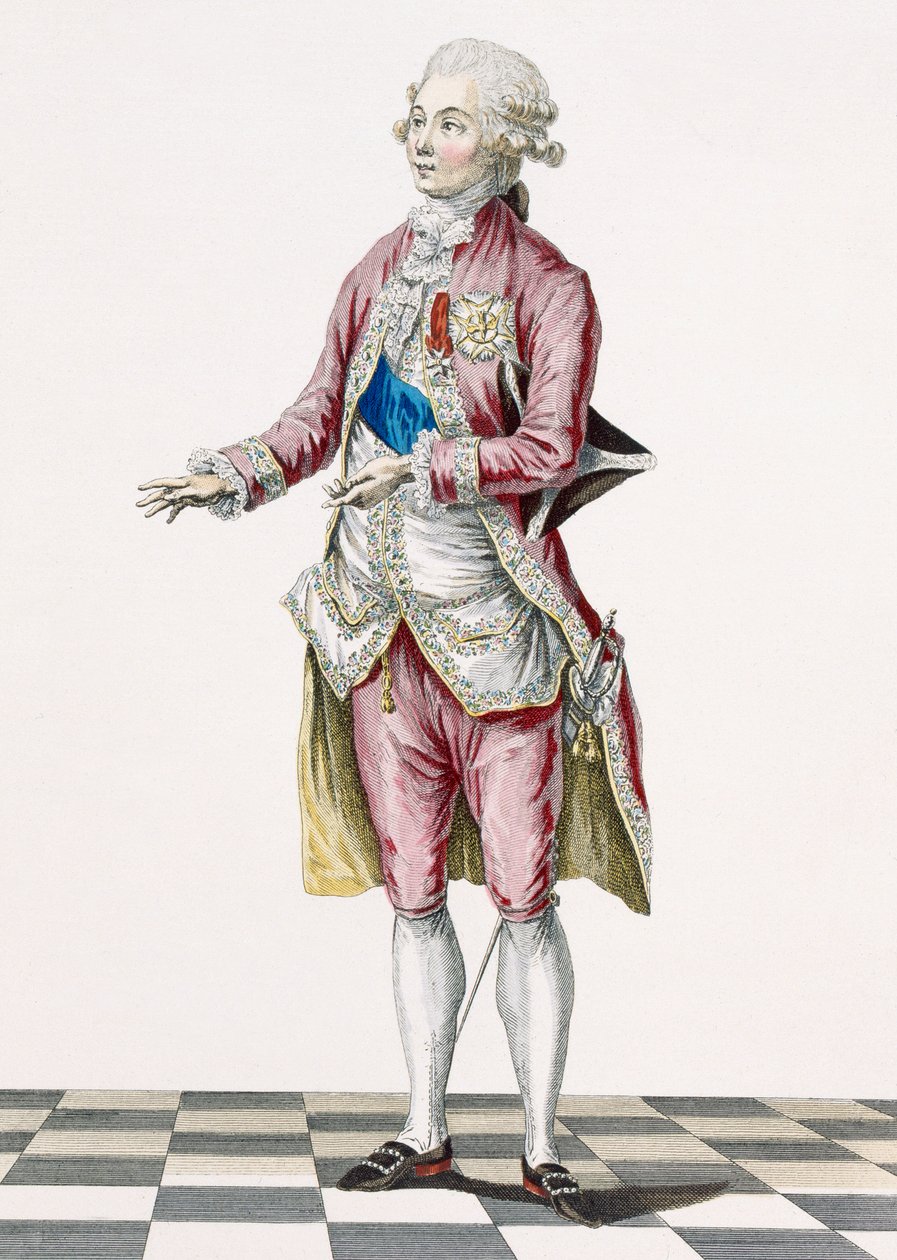 デュパンによって刻まれた国王の勲章で飾られた国の装いの公爵、「Galeries des Modes et Costumes Francais」、1778〜87年、1760年 作： ピエール・トーマス・ル・クラーク