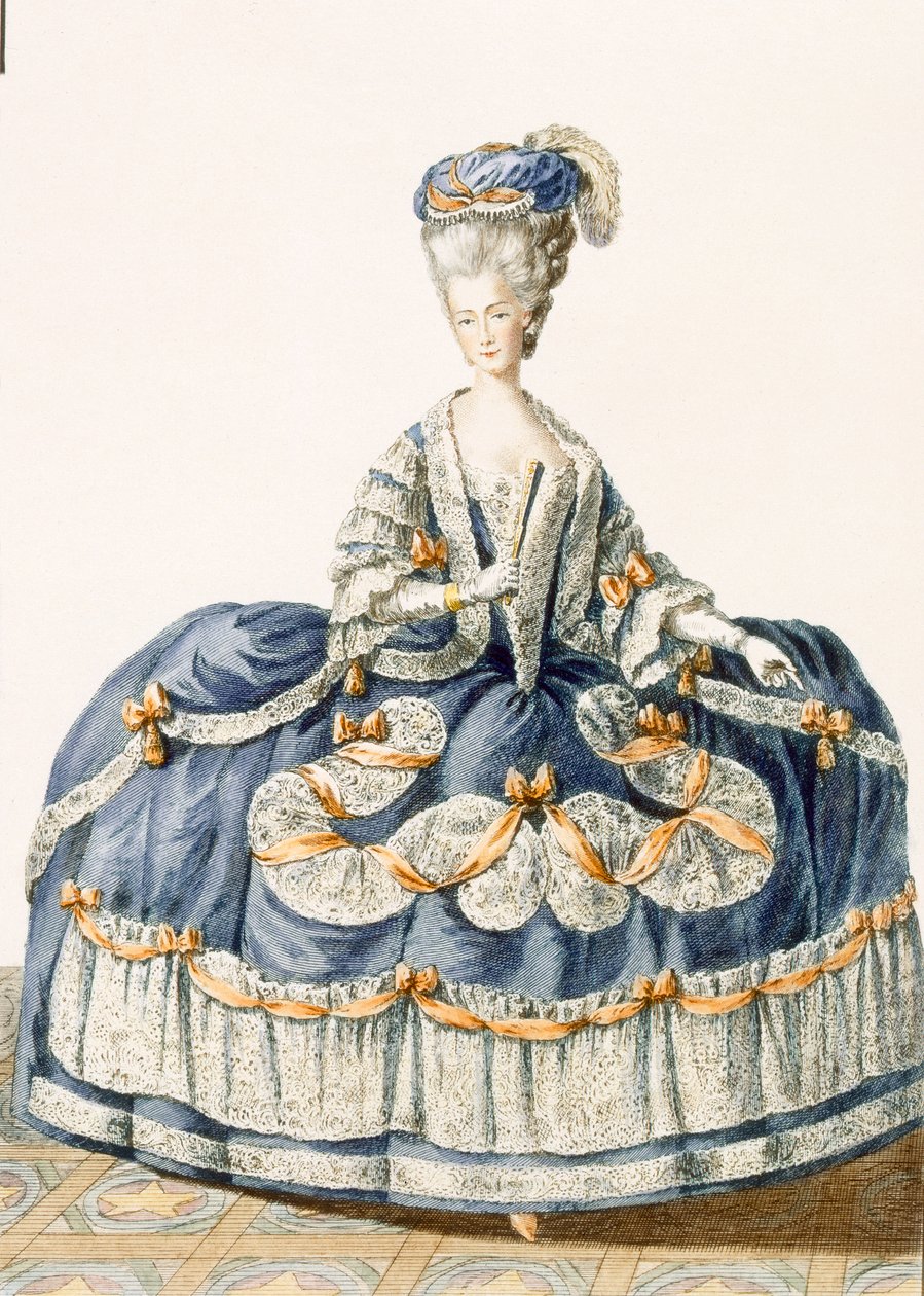 ロイヤルコートのグランドボールガウン。ルロイが刻印した「Galeries des Modes et Costumes Francais」のプレート、c.1778-87 99：衣類。伝統的なドレス;伝統的な衣装;ファシオ 作： ピエール・トーマス・ル・クラーク