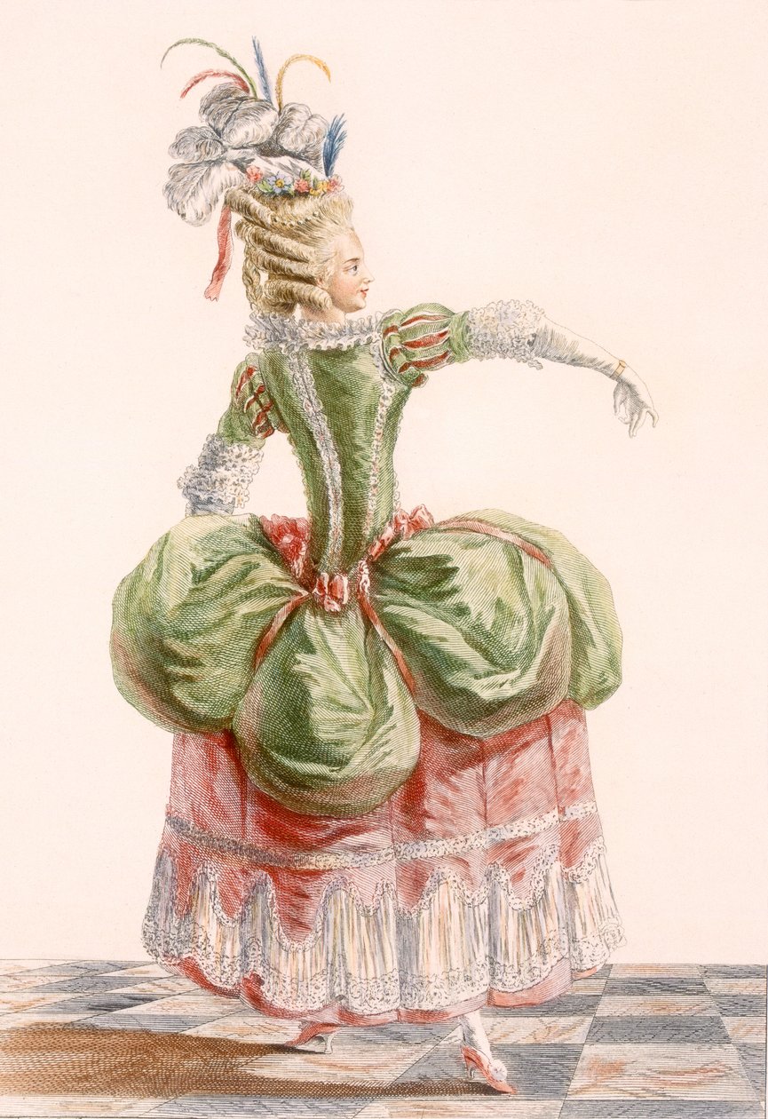 デュパンが刻印した婦人用イブニングガウン、「Galeries des Modes et Costumes Francais」のプレート、c.1778-87 99：衣類。伝統的なドレス;伝統的な衣装;ファッション;図; 作： ピエール・トーマス・ル・クラーク