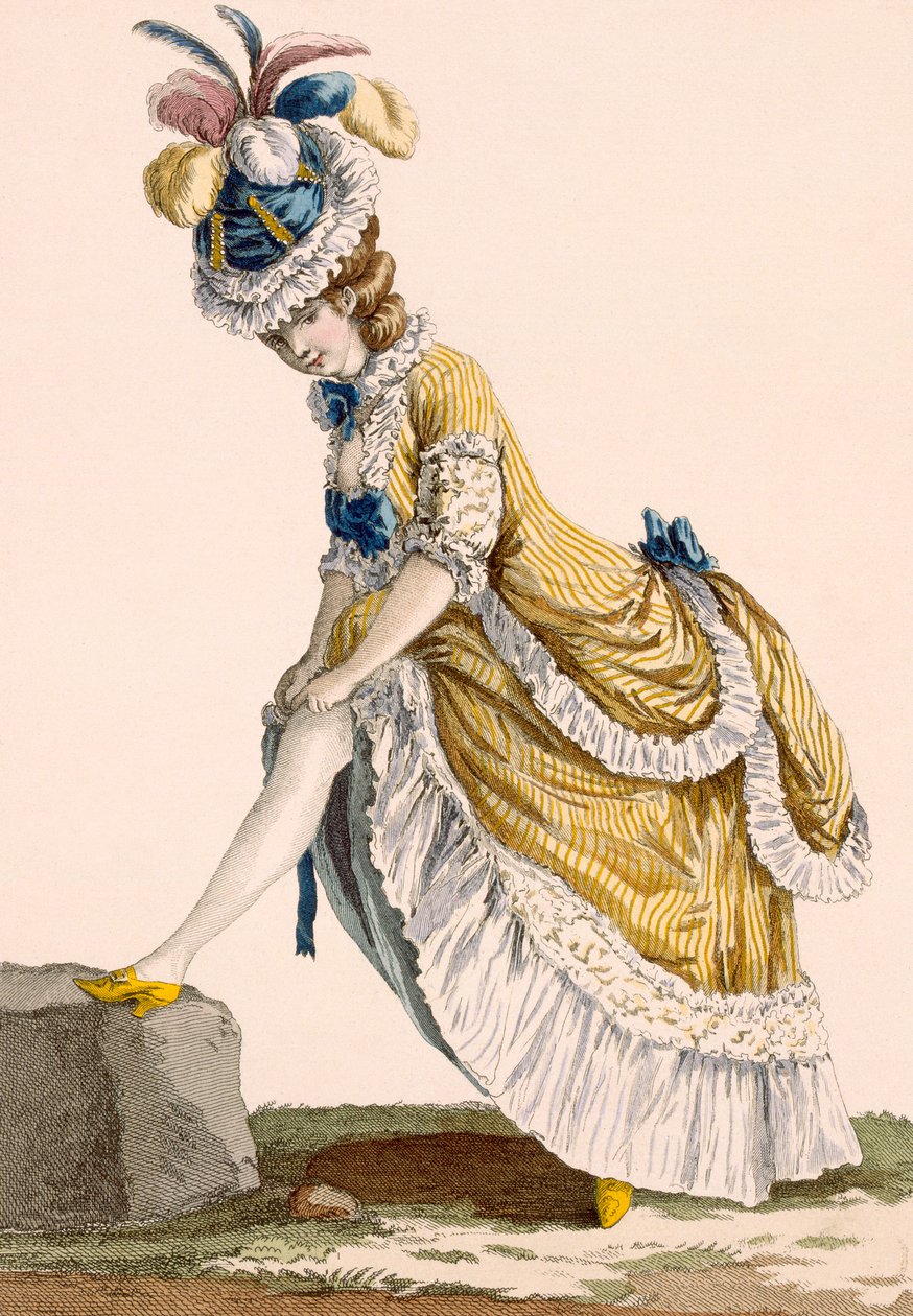 ルボーの彫刻が施されたストッキングを引き上げた女性、「Galeries des Modes et Costumes Francais」c.1778-87 作： ピエール・トーマス・ル・クラーク