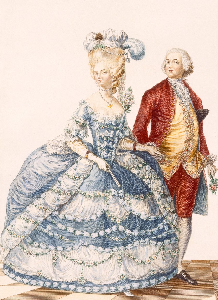 「Galeries des Modes et Costumes Francais」c.1778-87からデュパンが刻印された法廷のガラに出席する夫を持つ女性 作： ピエール・トーマス・ル・クラーク