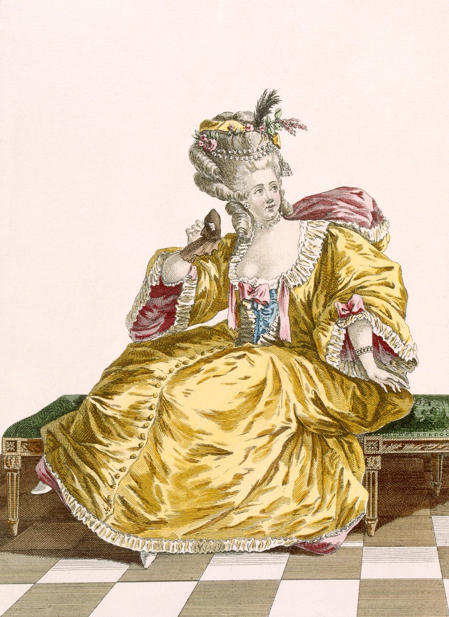パタスが刻印したレディーのゴールドタフタボールガウン、「Galeries des Modes et Costumes Francais」、プレート番号86、c.1778-87 99：衣類。伝統的なドレス;伝統的な衣装;ファシオ 作： ピエール・トーマス・ル・クラーク
