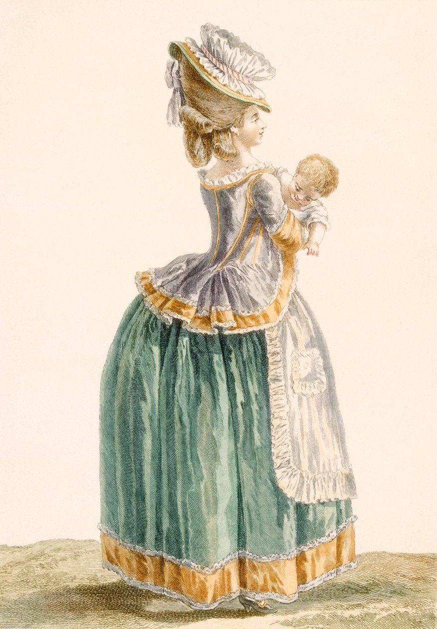 パタによって刻まれた若い地方の母と子、「Galeries des Modes et Costumes Francais」のプレート、c.1778-87 99：衣類。伝統的なドレス;伝統的な衣装;ファッション; 作： ピエール・トーマス・ル・クラーク