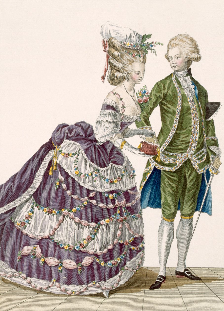 コートガラに参加した若い女性と夫、「Galeries des Modes et Costumes Francais」のプレートno.112、c.1778-87 99：衣類。伝統的なドレス;伝統的な衣装; fas 作： ピエール・トーマス・ル・クラーク