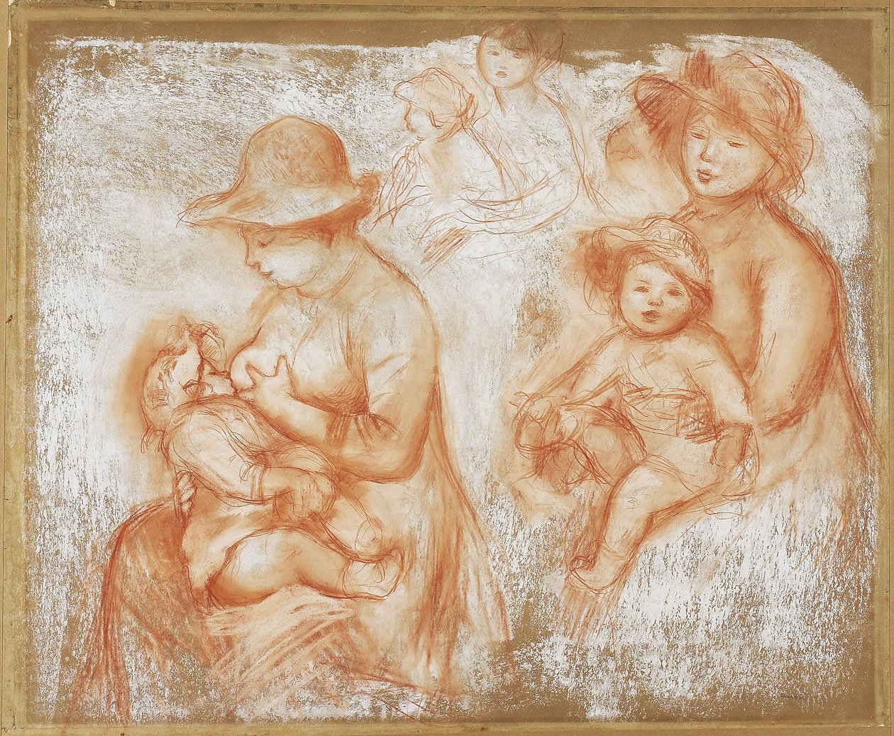 母と子のための研究、1885年頃（バフレイド紙に赤と白のチョーク） 作： ピエールオーギュストルノワール