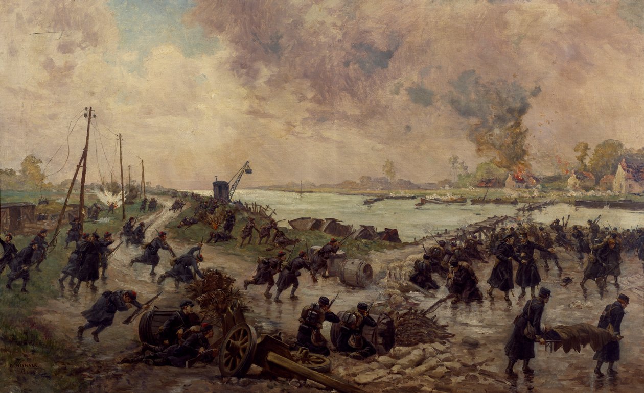 イーゼルで戦闘中のベルギー軍、1914 年 10 月、第一次世界大戦、ベルギー、20 世紀 作： ピエール・アーネストとネイマーク・ギュスターブ・バルー