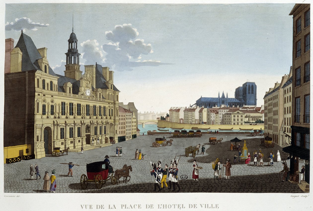 1820年頃のオテル・ド・ヴィル広場 - Courvoisierの「Vues de Paris」にて 作： ピエール（後）クルボアジェ