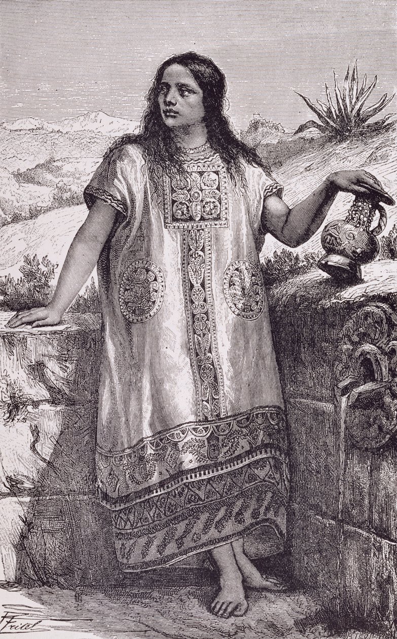 トルテカの少女、クロード＝ジョゼフ＝デジール・シャルネ著「新世界の古代都市」より。1887年（エングレーヴィング） 作： ピエール（後）フリテル