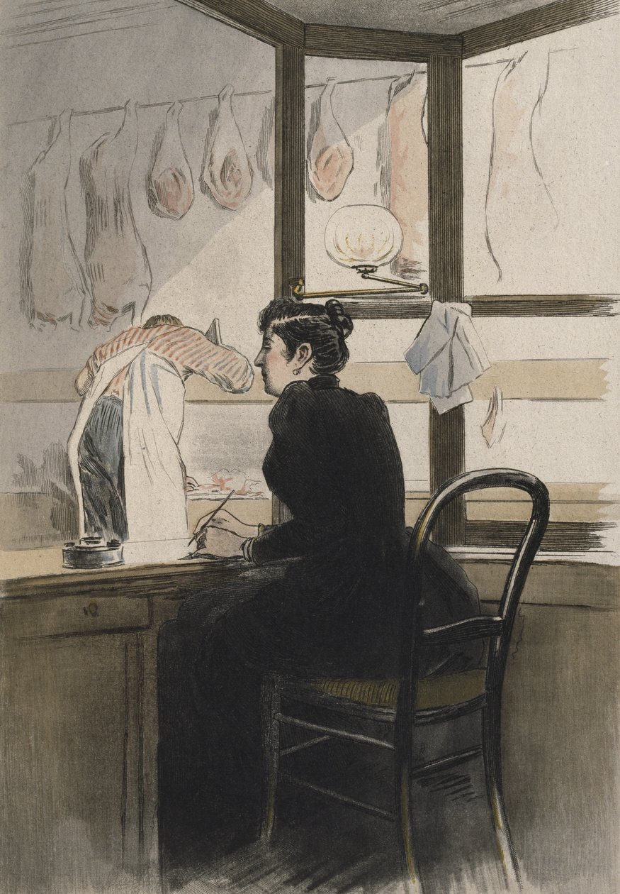 肉屋のレジ係、オクターブ・ウザンヌ（1851-1931）による「La Femme a Paris」のイラスト（1894年）（カラー彫刻） 作： ピエール（後）ヴィダル