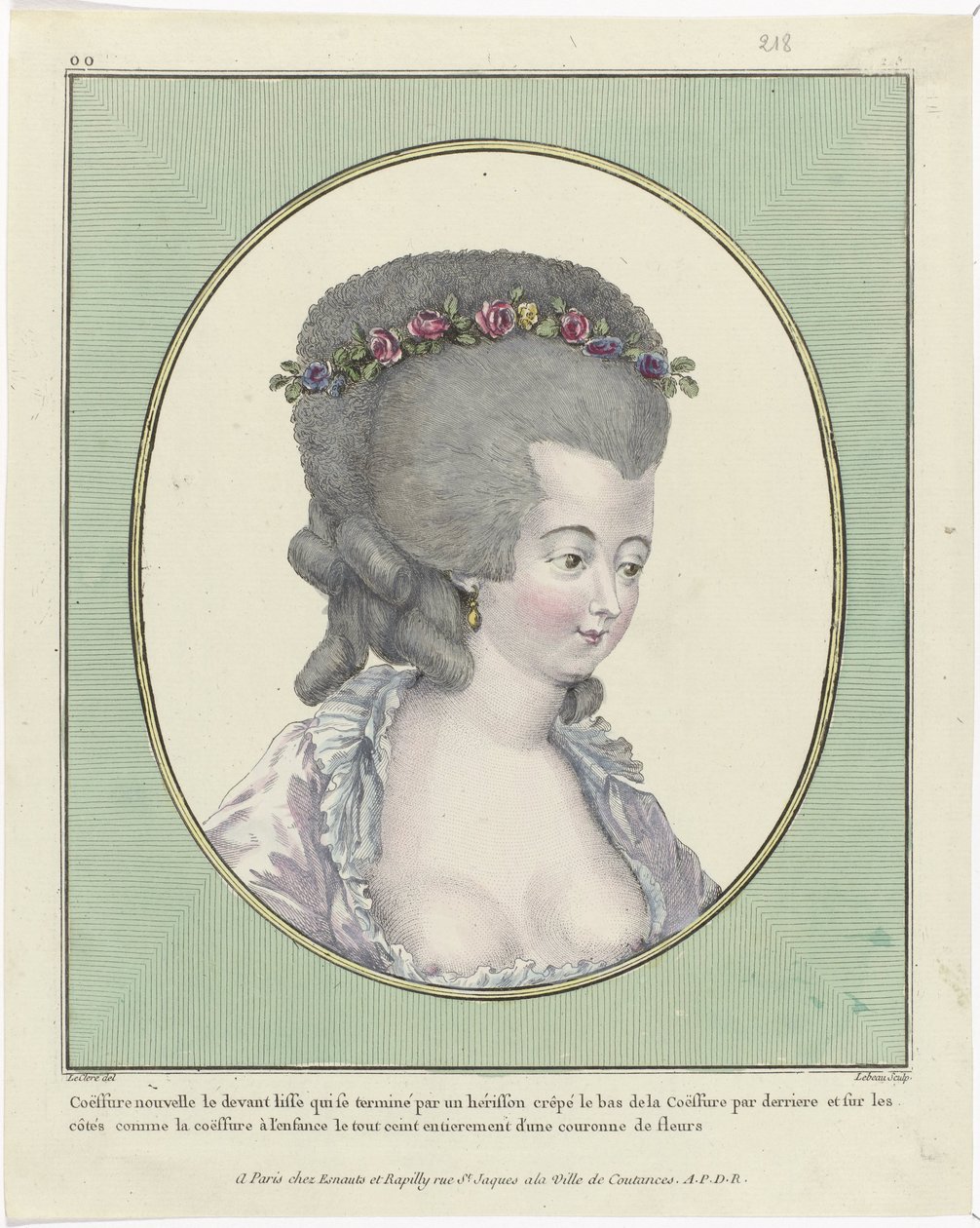髪型、プーフ、帽子、ボンネット: 11 種類の髪型と頭飾り Gallerie des Modes et Costumes Français、1781、oo 218: Coëffure nouvelle le front (...) 作： ピエール・アドリアン・ル・ボー