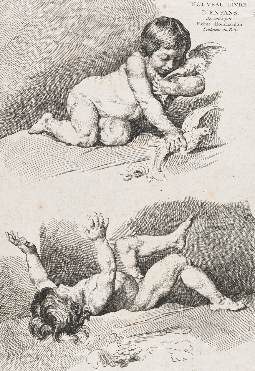 葉っぱで遊んでいる 2 人の裸の子供、New Book of Children、1720-60 より。 作： ピエール・アレクサンドル・アヴェリーヌ