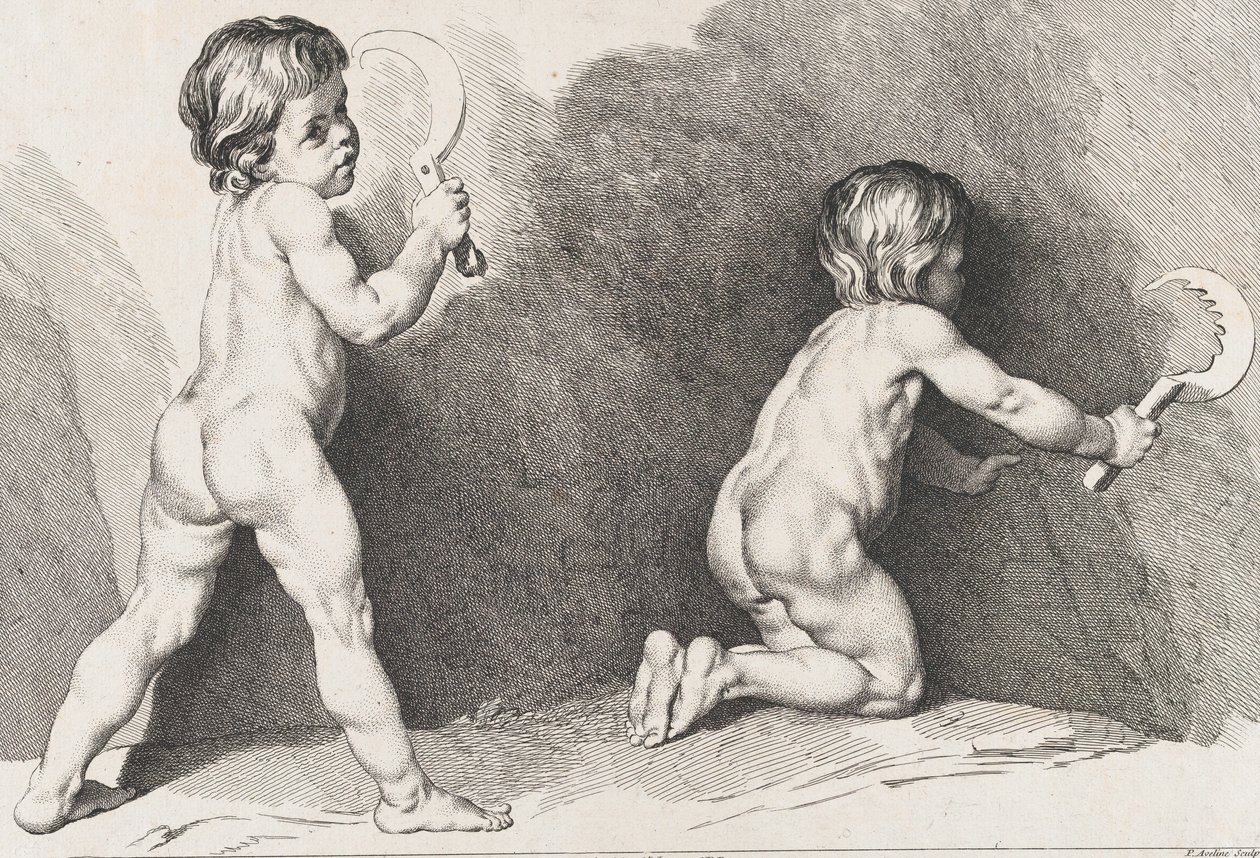 立っている 2 人の裸の子供、New Book of Children、1720-60 年。 作： ピエール・アレクサンドル・アヴェリーヌ