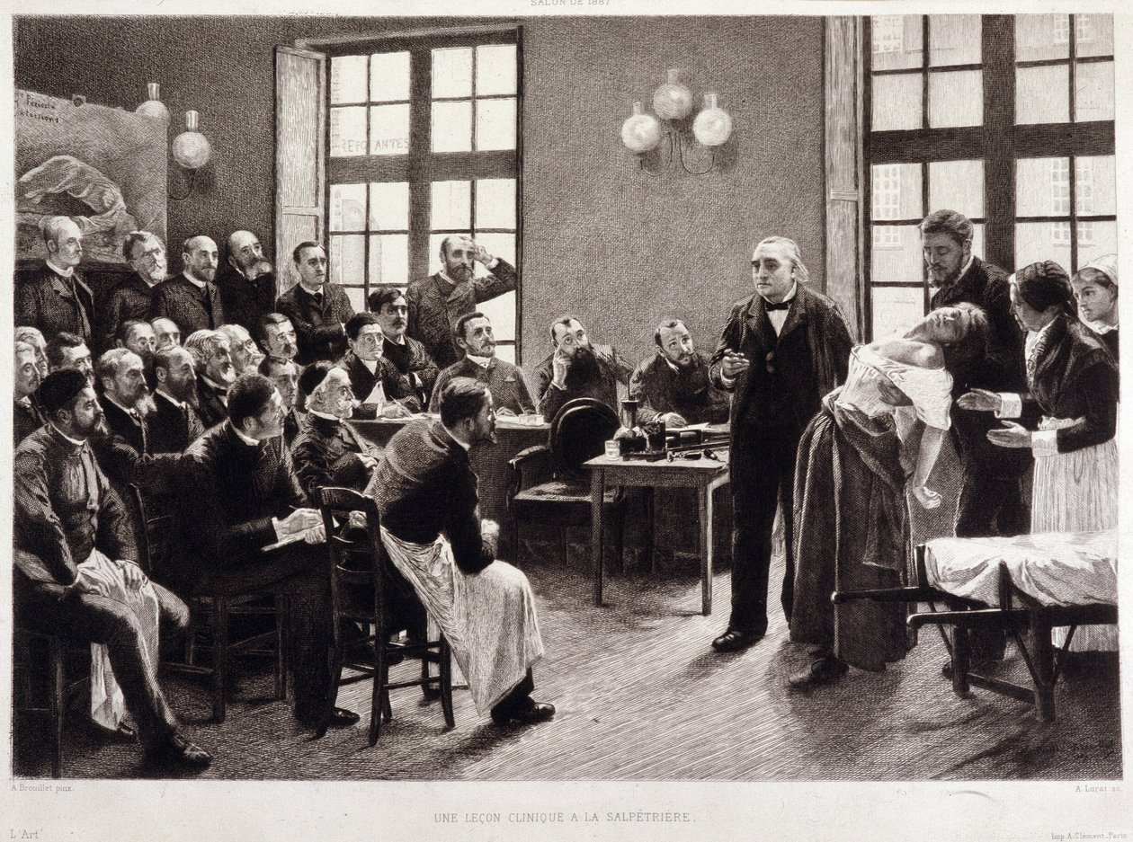 Eine klinische Vorlesung von Dr. Charcot in der Salpetriere im Jahr 1887. Studenten der Abteilung von Professor Jean Martin Charcot, der den Fall von Blanche Wittman erklärt, seiner Patientin und bevorzugten Versuchsperson für seine Forschungen zur Hysteri von Pierre Andre (after) Brouillet
