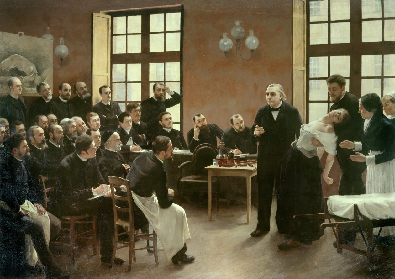 Eine klinische Vorlesung von Dr. Charcot in der Salpêtrière im Jahr 1887. Studenten der Abteilung von Professor Jean Martin Charcot (1825-1893), der den Fall von Blanche Wittman, seiner Patientin und bevorzugten Versuchsperson für seine Forschungen zur Hys von Pierre Andre Brouillet