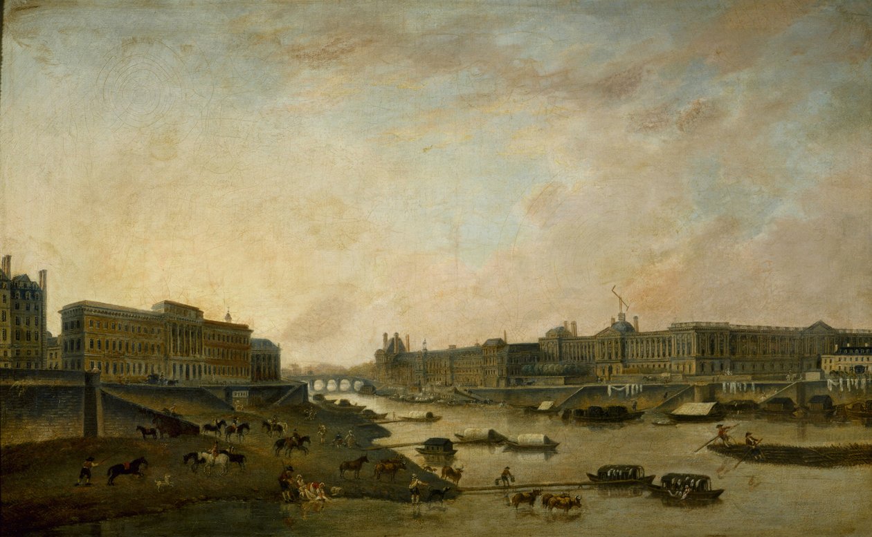 ポン・ヌフから見たオテル・ド・ラ・モネとルーヴル美術館、c. 1800年。 作： ピエール・アントワーヌ・ドマシー