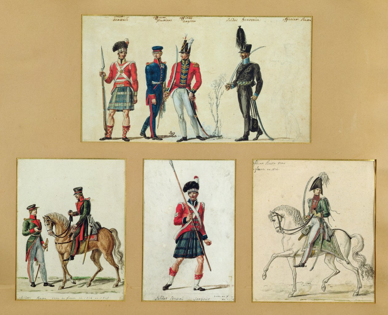 1814年のスコットランドの兵士とプロイセン、英語、ハノーバー、ロシアの将校の制服 作： ピエール・アントワーヌ・ルスール
