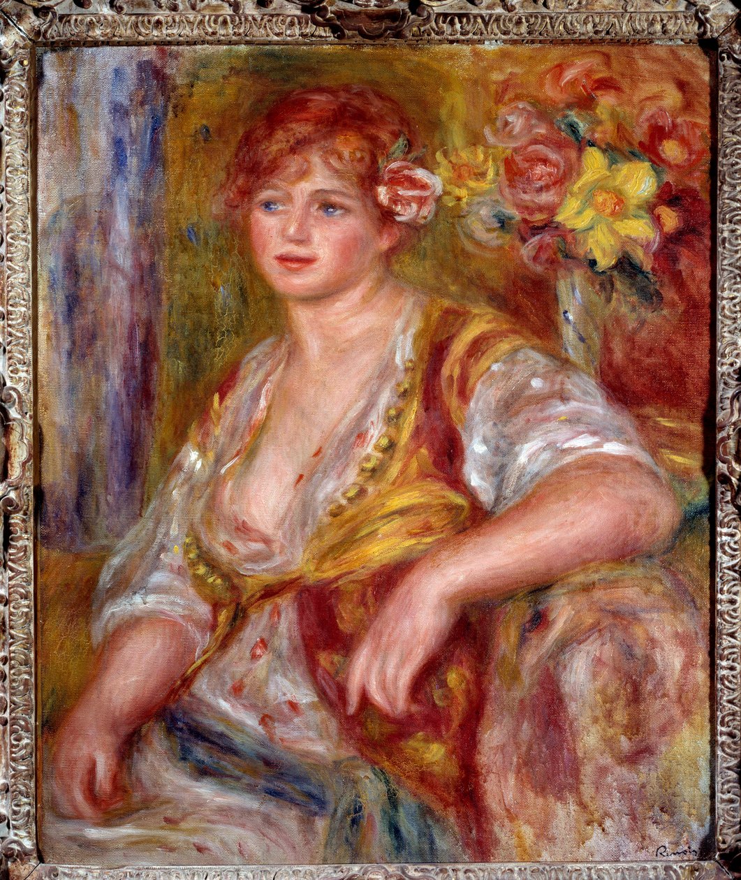 Blonde mit der Rose. Porträt von Andrée Madeleine Heuschling (1900-1979) genannt „Dedee“, eine Schauspielerin bekannt als Catherine Hessling (sie heiratete Jean Renoir im Jahr 1920). Gemälde von Pierre Auguste Renoir (1841-1919), circa 1915 von Pierre-Auguste Renoir