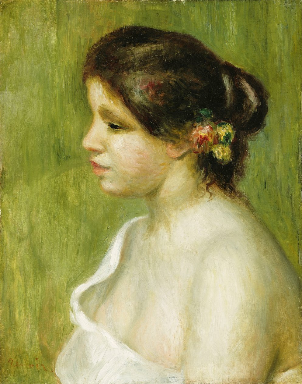 耳を飾る花を持つ少女の胸像、1898 作： ピエールオーギュストルノワール