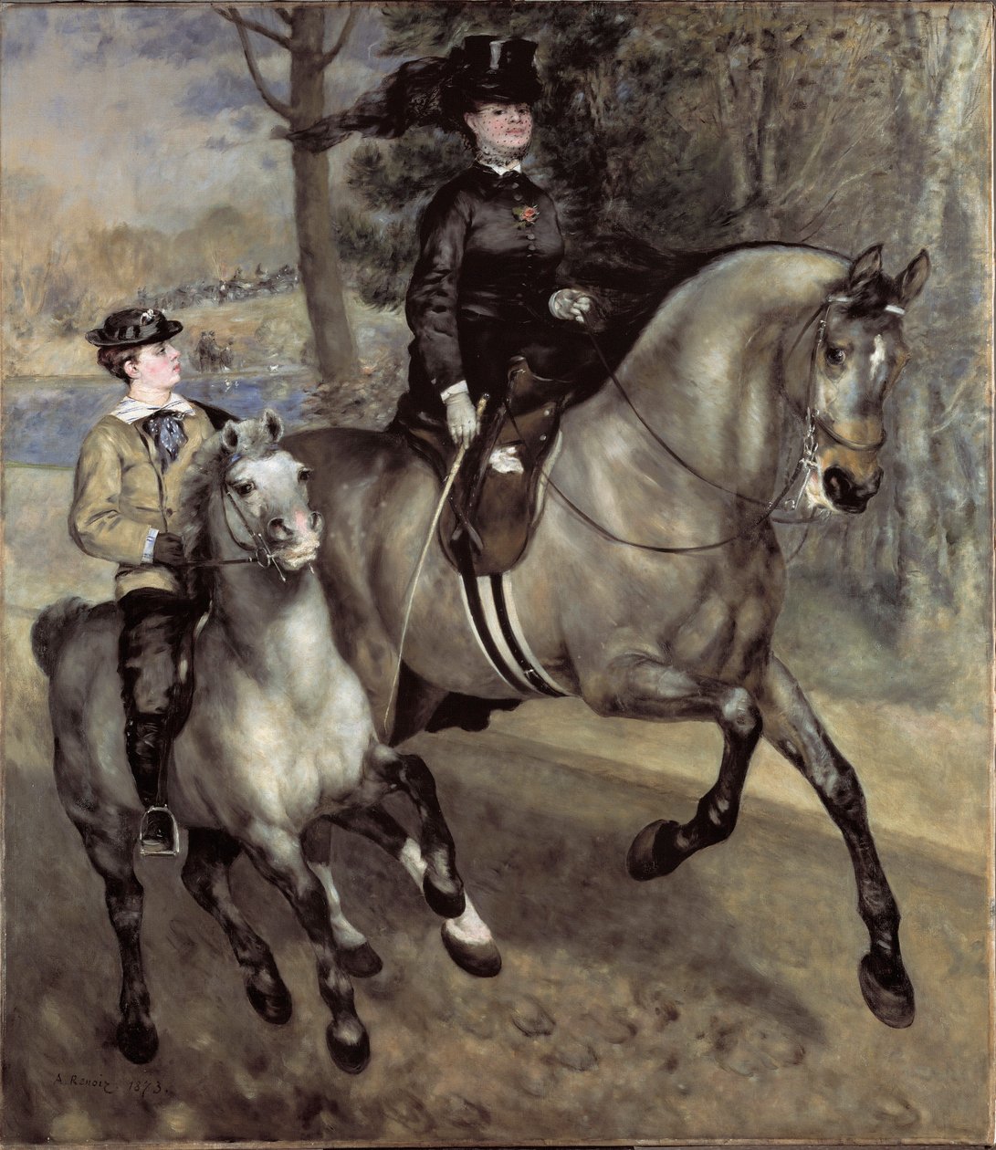ブーローニュの森での騎手（または乗馬）。絵画：ピエール・オーギュスト・ルノワール（Pierre-Auguste 作： ピエールオーギュストルノワール