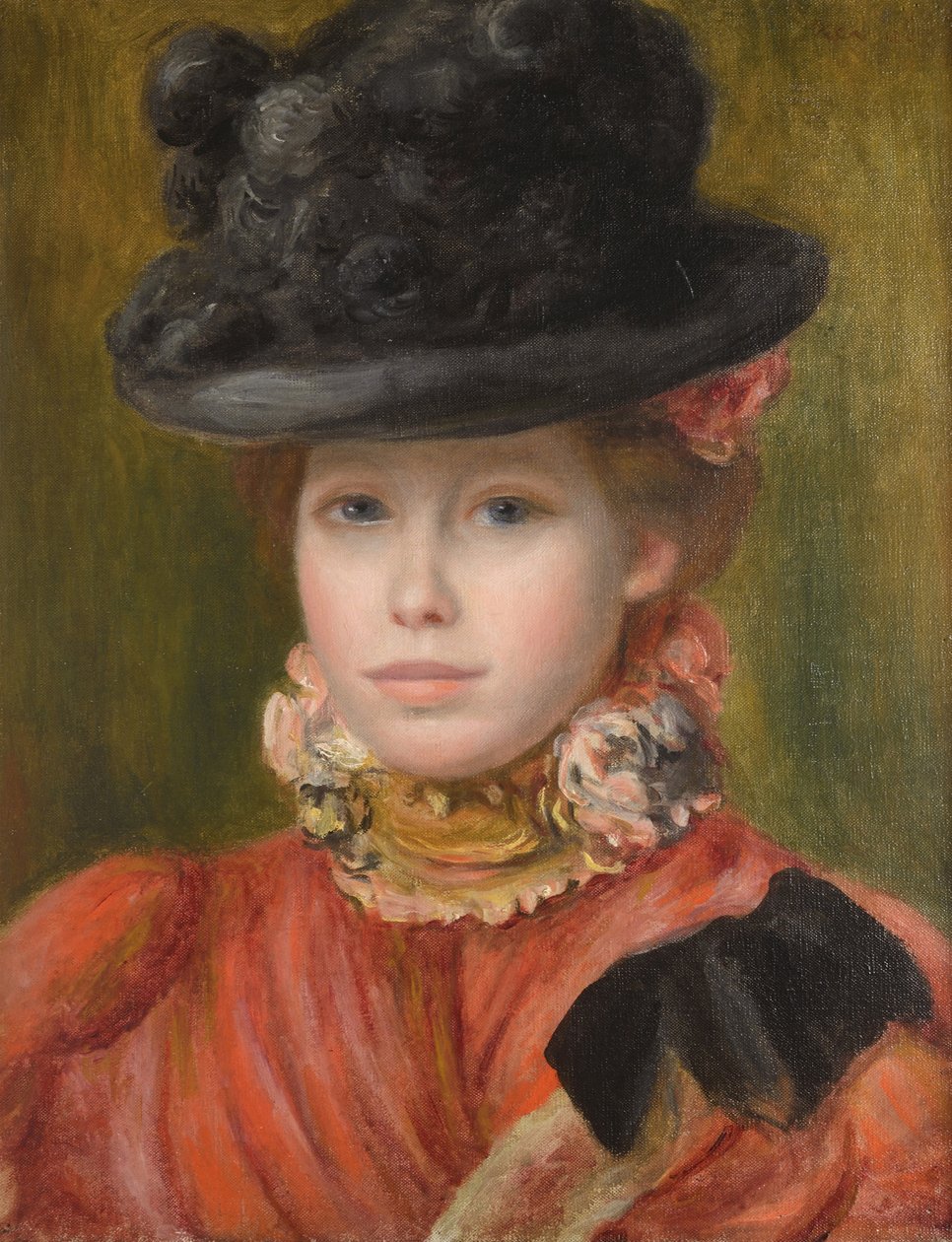 Jeune fille au chapeau noir et fleur rouge - 黒い帽子と赤い花の少女 by Renoir, Pierre Auguste (1841-1919), c. 1890 - 油彩・キャンバス - Private Collection 作： ピエールオーギュストルノワール