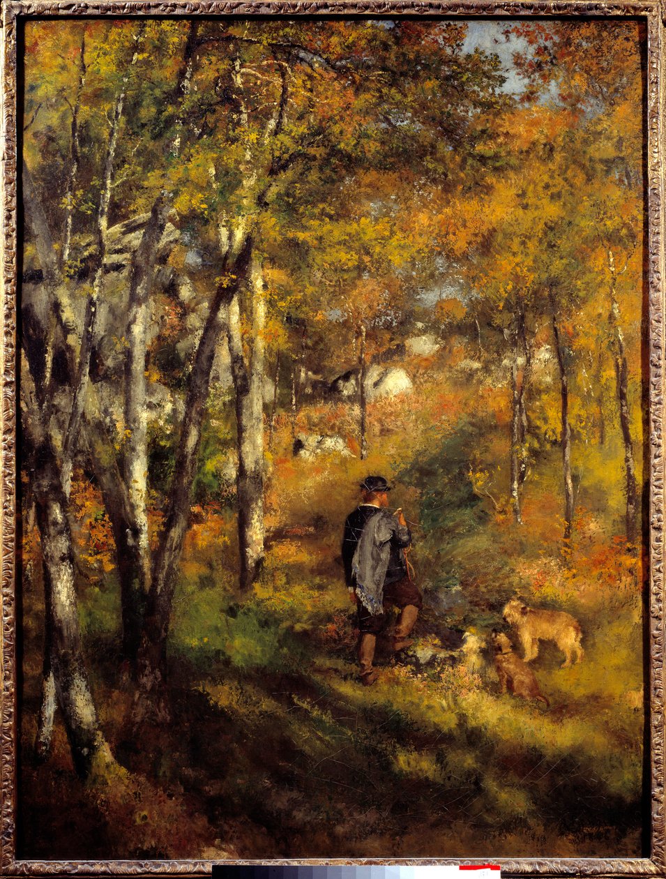 フォンテーヌブローの森にいるジュール・ルクールと犬たち。ピエール・オーギュスト・ルノワール（1841-1919）の絵画 作： ピエールオーギュストルノワール