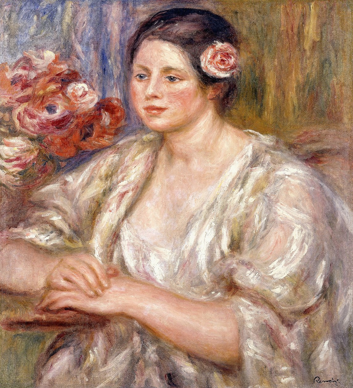 白ブラウスと花束のマドレーヌ、1915年〜1919年頃 作： ピエールオーギュストルノワール