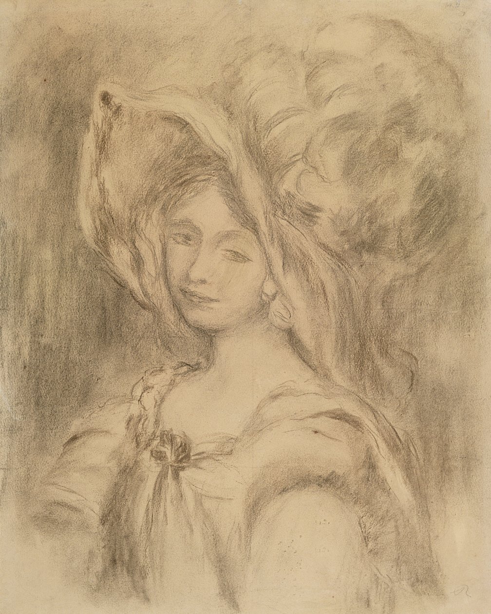 Mme Dieterle in a Hat、c.1896（木炭） 作： ピエールオーギュストルノワール