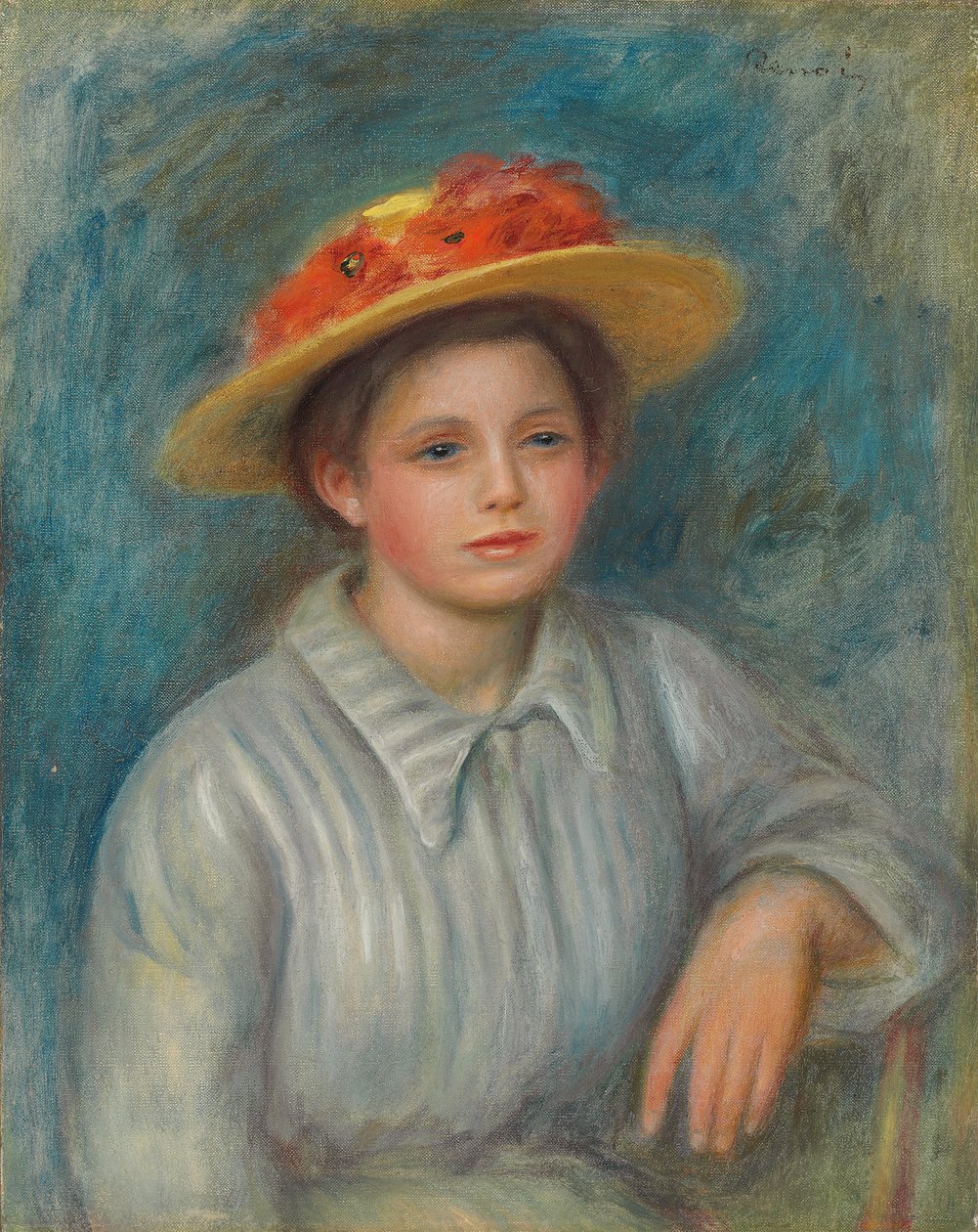 花のついた帽子を持つ女性の肖像画。花の帽子の女性の肖像、c.1890 作： ピエールオーギュストルノワール