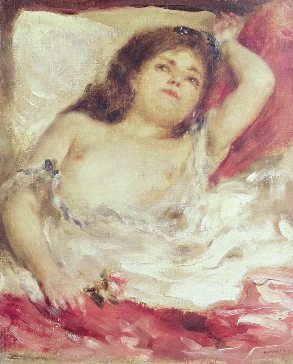 ベッドの中でセミヌードの女性：1872年以前のバラ（キャンバスに油彩） 作： ピエールオーギュストルノワール