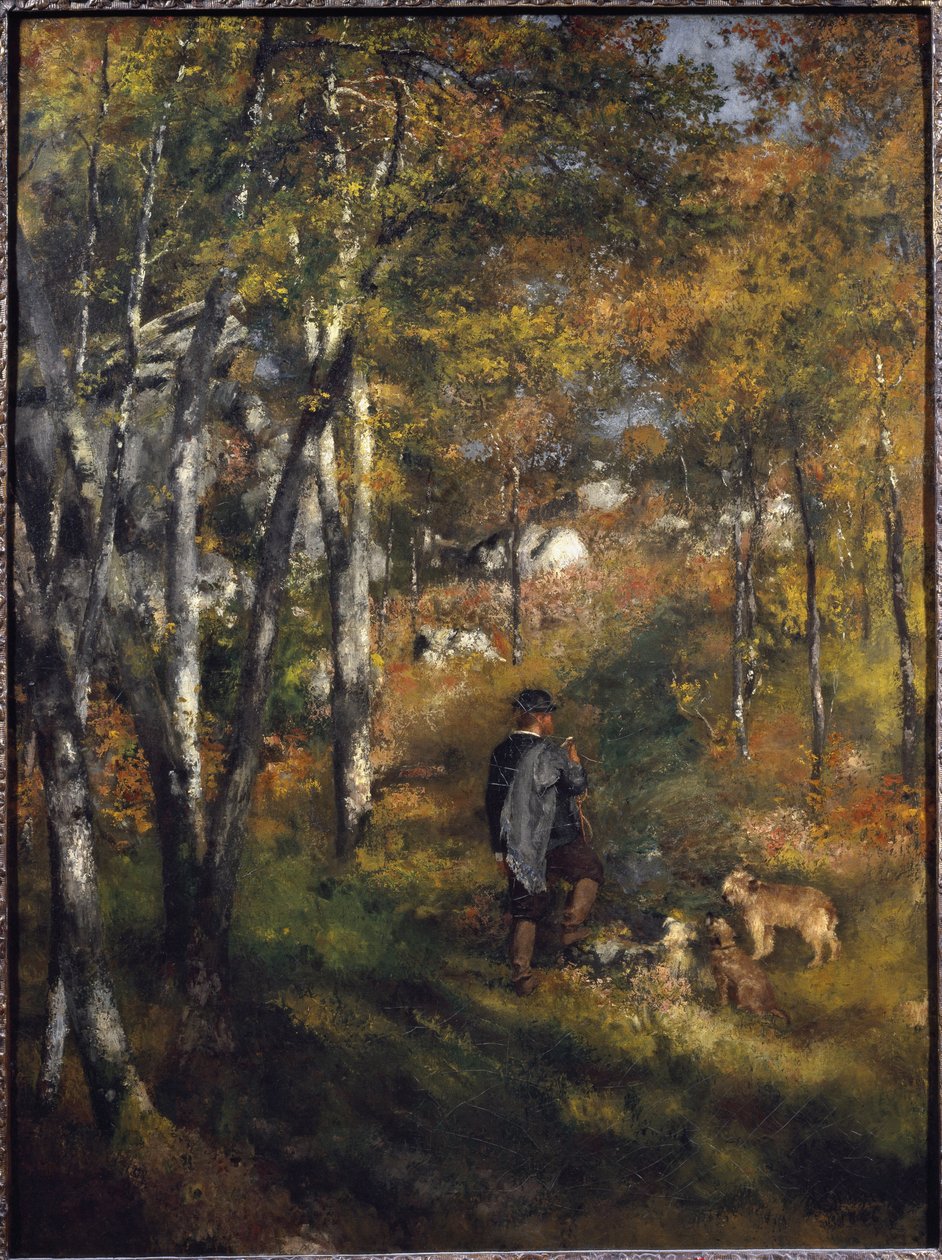 フォンテーヌブローの森で犬を連れた画家ジュール・ル・クール 絵画