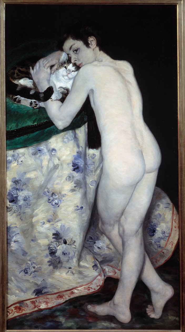 少年が猫に。ピエール・オーギュスト・ルノワール（1841-1919）の絵画 作： ピエールオーギュストルノワール