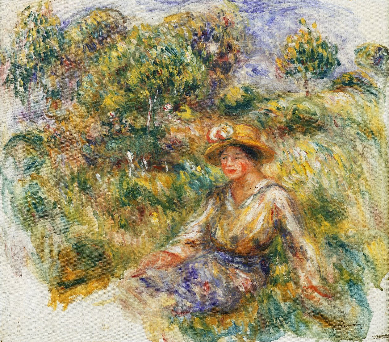 草の上に座っている青い帽子の女性。草の上に座っている帽子をかぶった青の女、1916年頃 作： ピエールオーギュストルノワール
