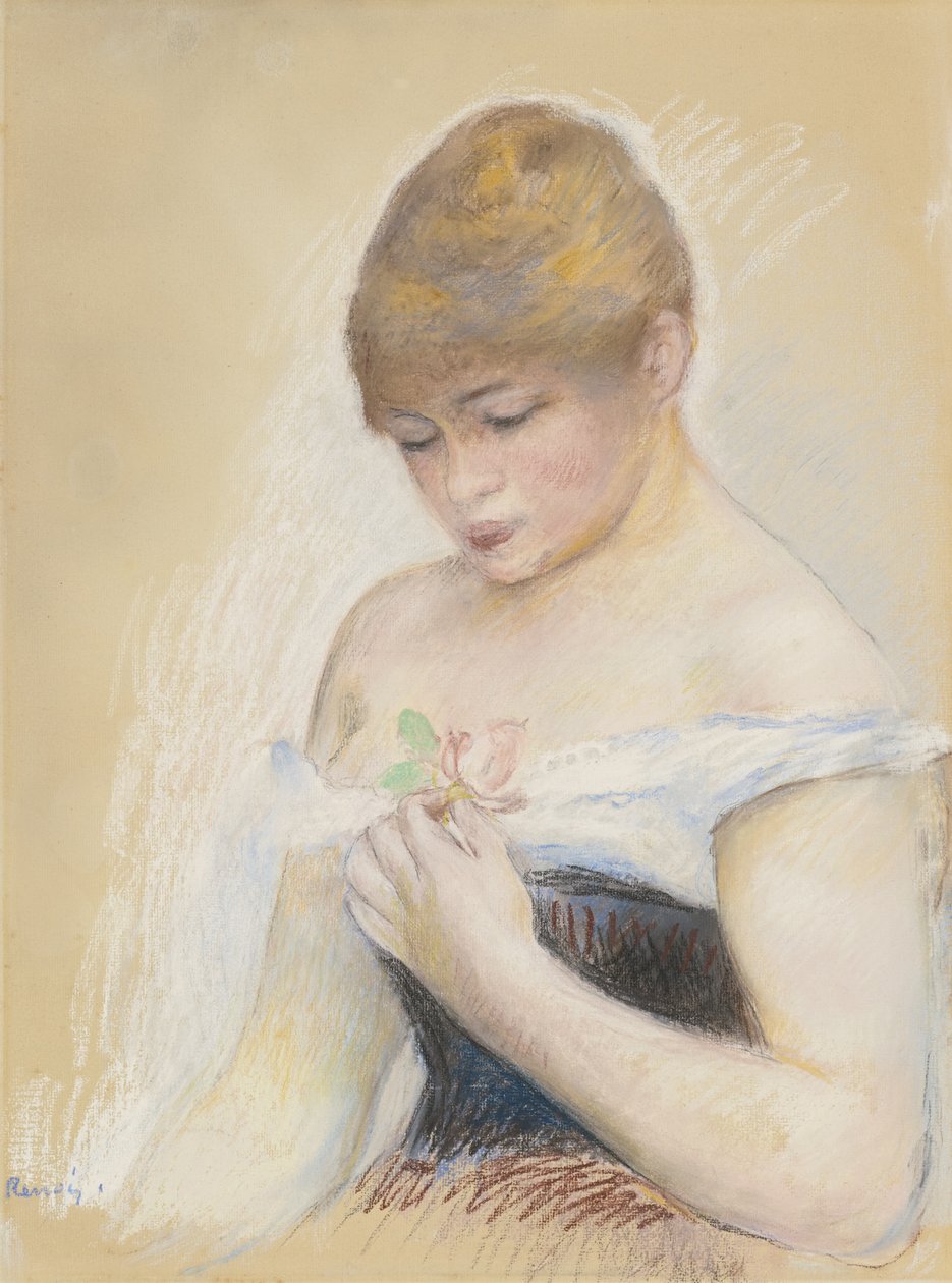 花を保持している若い女性。女優ジャンヌ・サマリーの肖像、c。 1880 作： ピエールオーギュストルノワール
