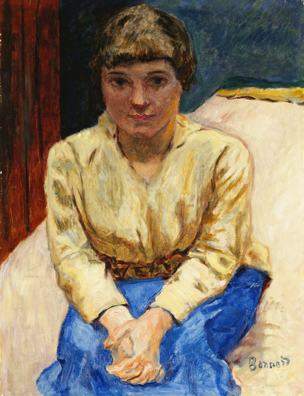 手を組んで座っている女の子。着席した少女、ル・マン・クロワズ、1916年頃（キャンバスに油彩） 作： ピエール・ボナール