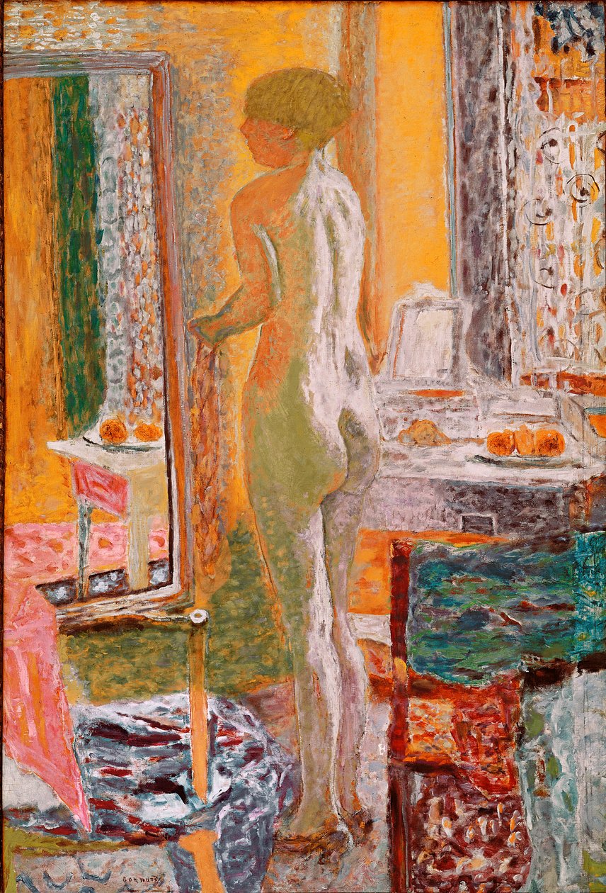 ピエール・ボナール 、【タオルを持つ裸婦、赤い背景】、希少画集画 氷の前のヌード ピエール・ボナール（1867-1947）の絵画 1933年 薄暗い