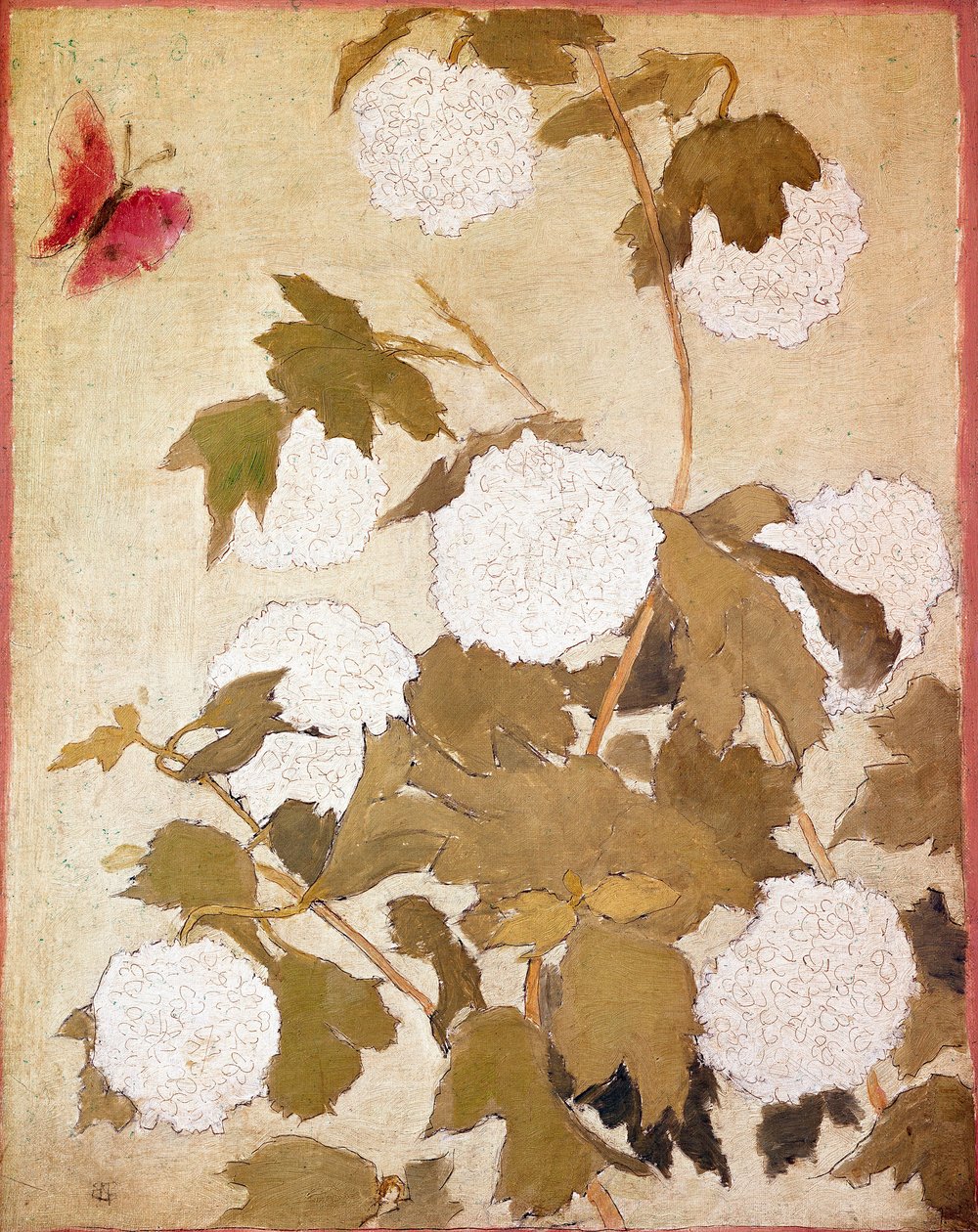 雪割草の花 雪割草（ビバーナム・オブ）と赤い蝶。ピエール・ボナール（1867-1947）の絵画 コレクション P.M.Samuel 作： ピエール・ボナール