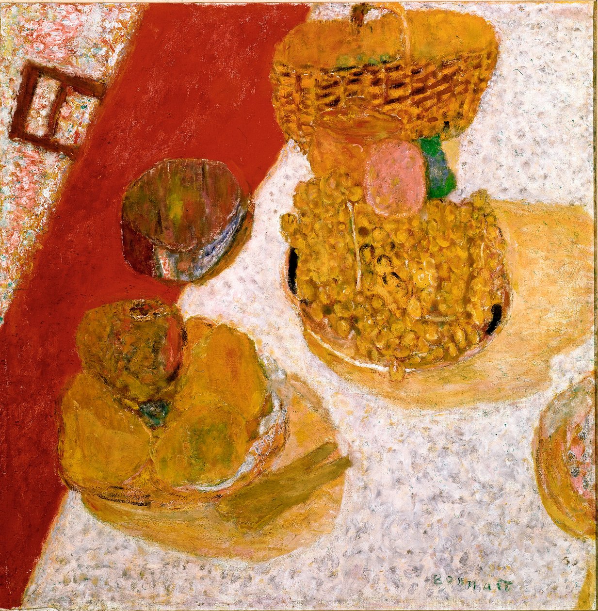 テーブルコーナー 果物の静物。ピエール・ボナール（1867-1947）の絵画 1935年 薄暗い。67x63,5 cm パリ、国立近代美術館 作： ピエール・ボナール