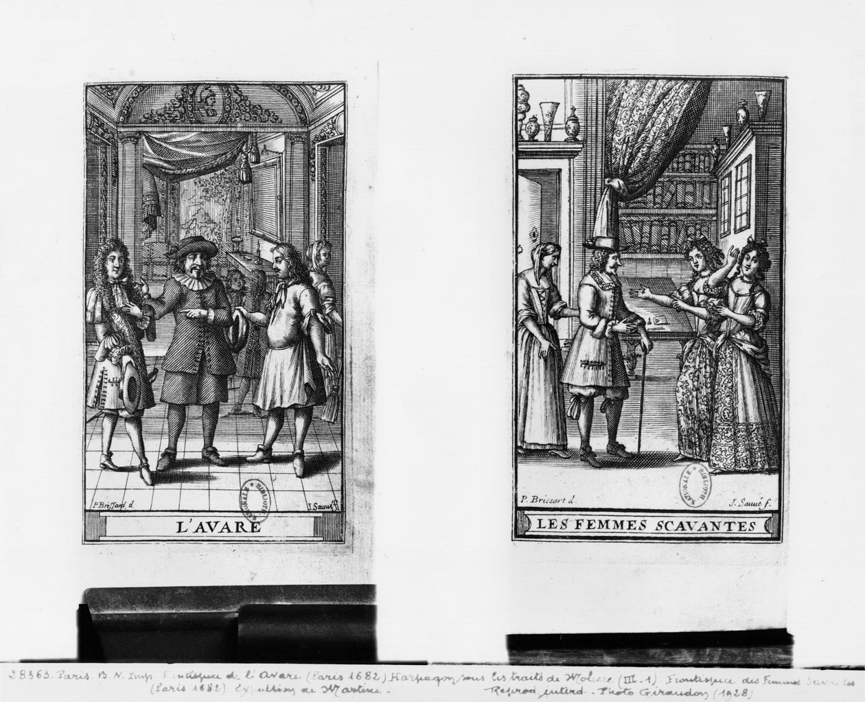 1668年にパリで出版されたジャン・ソーブ（fl.1660-91）によって彫刻されたモリエール（1622-73）による、1668年の &39;The Miser&39;の前絵、および1672年の &39;Learned Ladies&39;の前絵 作： ピエール・ブリサール