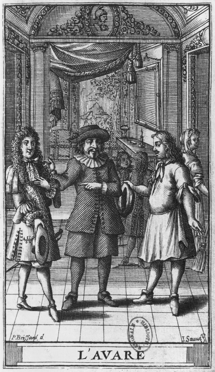 ハーパゴンとしてのモリエール、ジャン・ソーヴ（fl.1660-91）エディション1682によって彫刻された、モリエールの「The Miser」のフロントピースのイラスト 作： ピエール・ブリサール