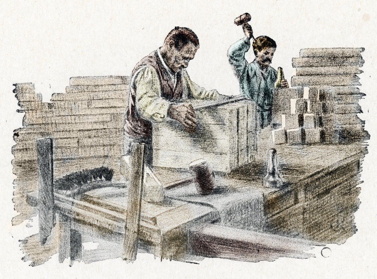 Savonnerie: le découpage des breads de soap (石けんの製造) ピエール・カルメット作「貿易の小旅行」からの彫刻 個人蔵 作： ピエール・カルメッツ
