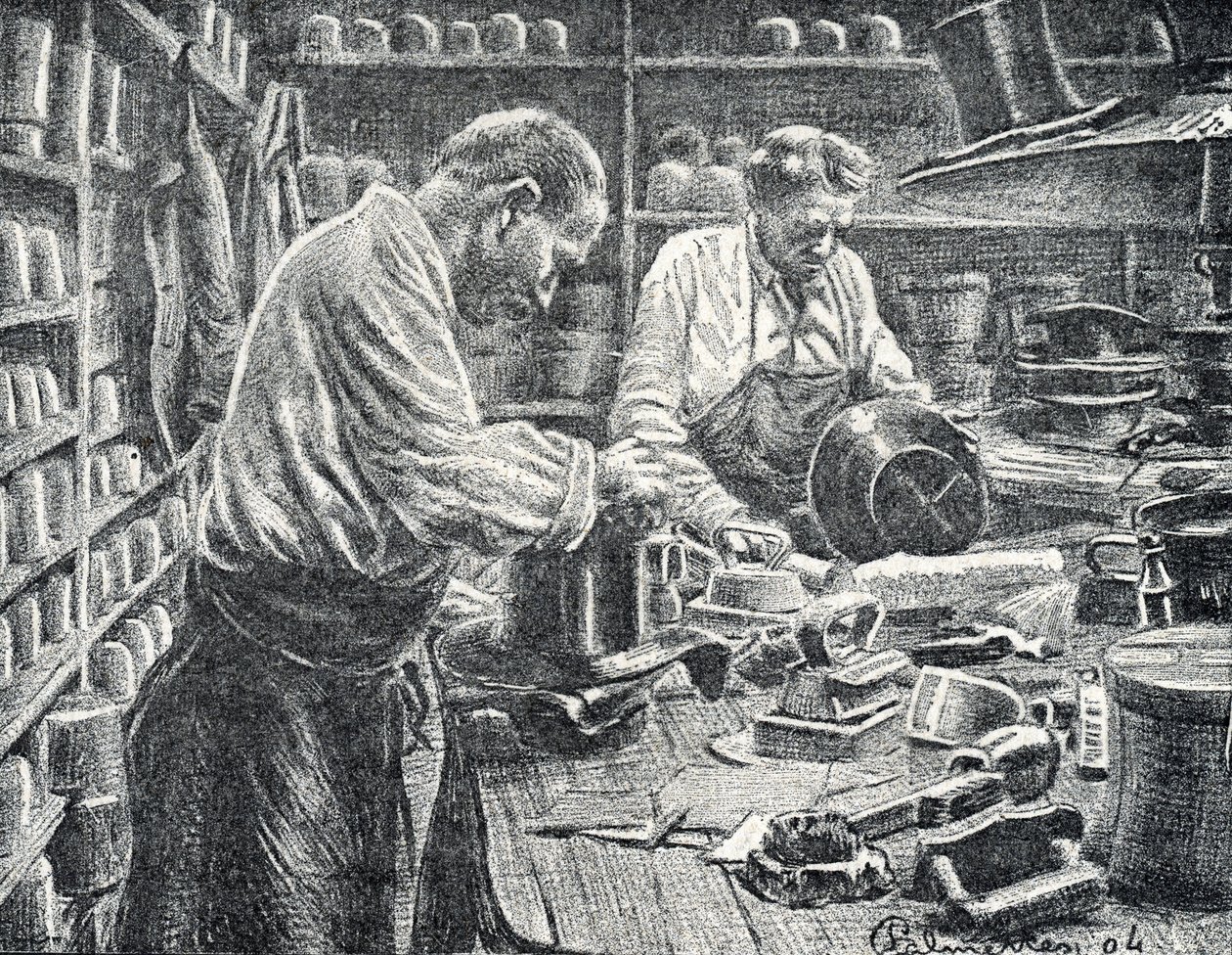 Fabricação de Cartolas de Seda Gravura da Coleção Particular de Pierre Calmette 作： ピエール・カルメッツ