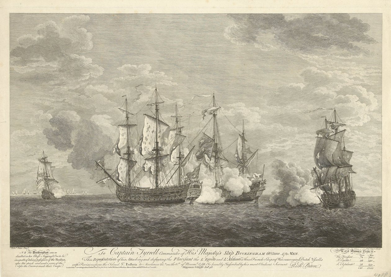 1758年、シント・ユースタティウス沖の3隻のフランス船に対するイギリス船の攻撃 作： ピエール・シャルル・カノ