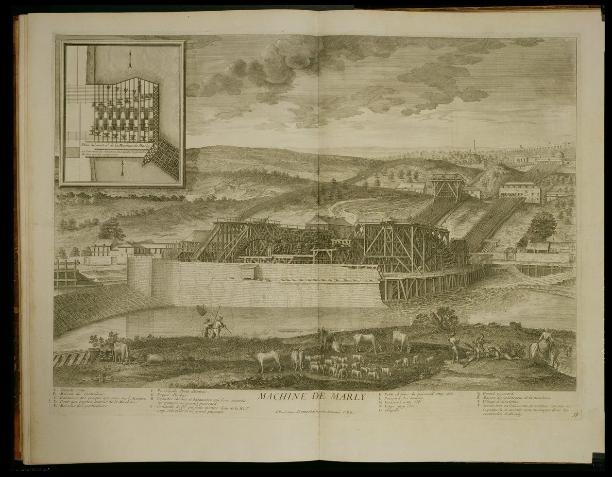 1724年以降に出版された「Les Plans、Profiles et Elevations des Ville et Chateau de Versailles」のMarlyのMachine 作： ピエールデニスマーティン