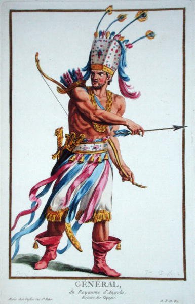 アンゴラの戦士の酋長（1780年に出版された「Receuil des Estampes, representant les Rangs and les Dignites, suivant le Costume de toutes Existantes Nations」より、手彩色で描かれています。） 作： ピエール・デュフロス