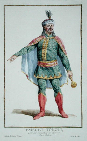 1780年に出版された「Receuil des Estampes, Representant les Rangs et les Dignites, suivant le Costume de toutes existantes」より、ハンガリーの不平士族の長エメリシ・トコリ（手彩色の彫刻）。 作： ピエール・デュフロス